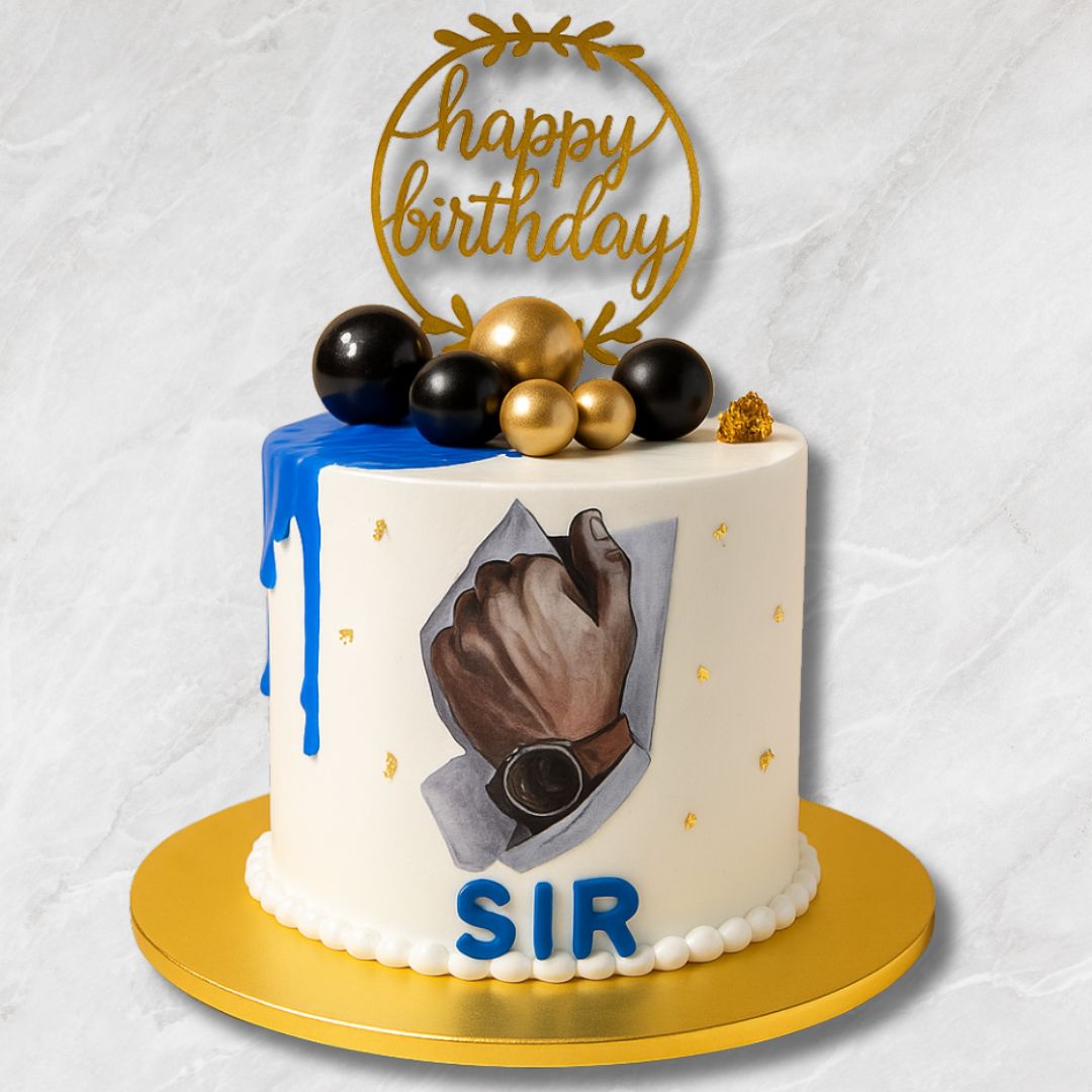 Men's Birthday Cake with Watch Art & Gold Accents