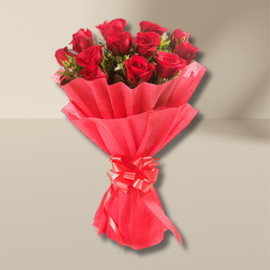 Nicely wrapped Flowers Bouquet of 12 Red Roses.