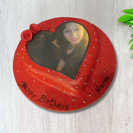 Heart-Shaped Red Birthday Cake with Personal Photo