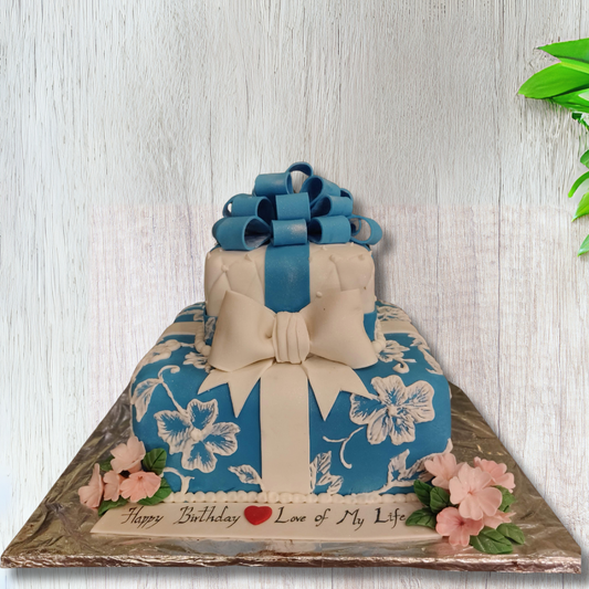 Blue and White Gift Box Cake