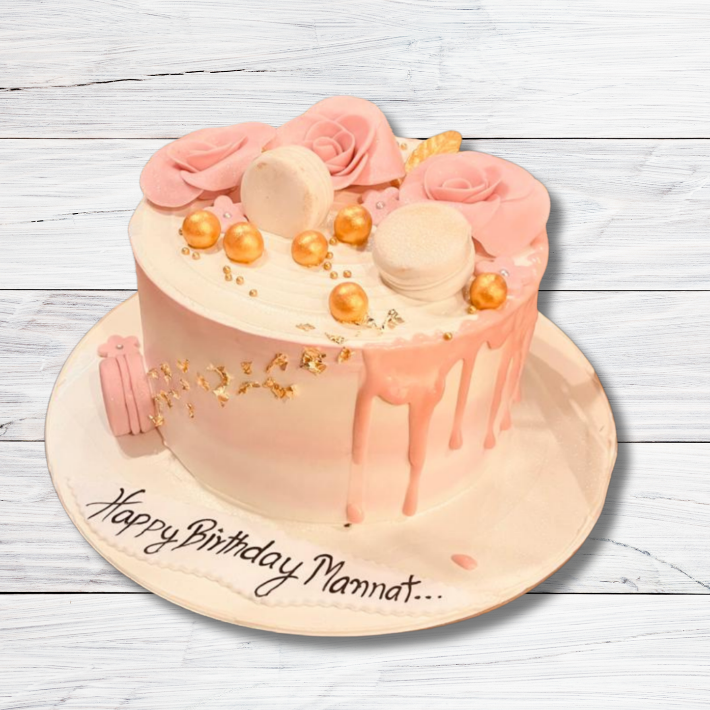 Elegant Pink Drip Cake with Macarons and Roses