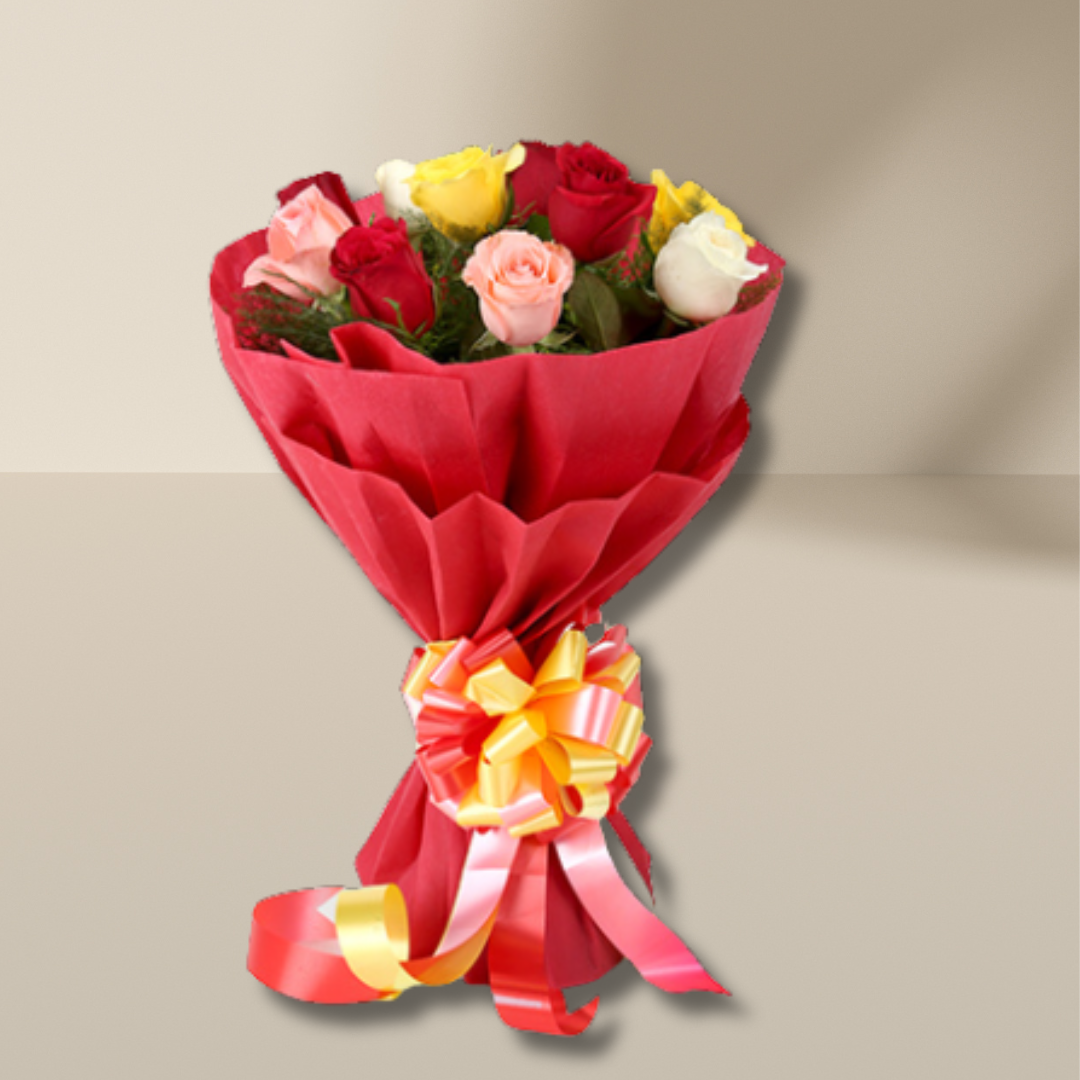 Mixed Roses Bouquet in Red Wrap (10 Roses)